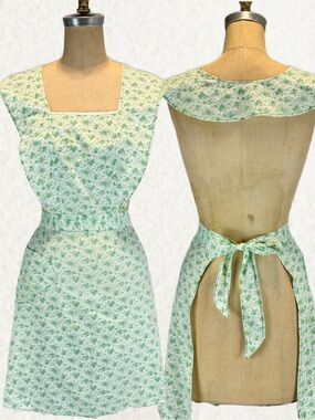 VINTAGE green floral kitchen apron full pinafore jumper smock chore house MCM